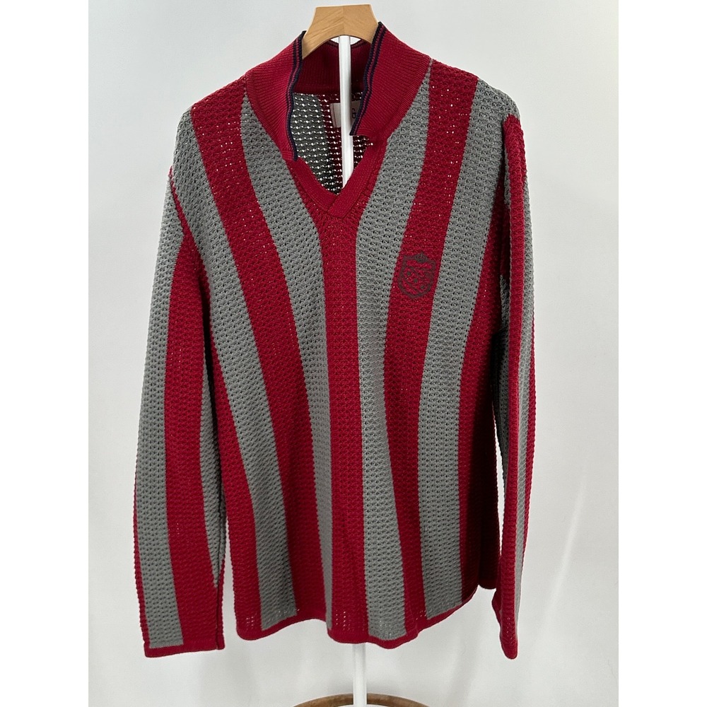 BDG Urban Outfitters Red Grey Striped‎ Crochet Knit V-Neck Sweater Mens M Grunge
